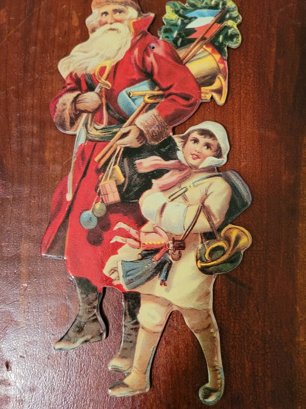 Vintage-Style Red & Cream Santa and Child Holiday Ornament